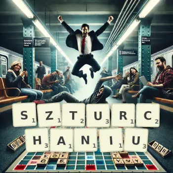 Kreatywna ilustracja do gry w Scrabble ze słowem SZTURCHANIU ułożonym z płytek na planszy.