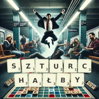 Kreatywna ilustracja do gry w Scrabble ze słowem SZTURCHAŁBY ułożonym z płytek na planszy.