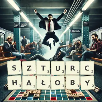 Kreatywna ilustracja do gry w Scrabble ze słowem SZTURCHAŁOBY ułożonym z płytek na planszy.