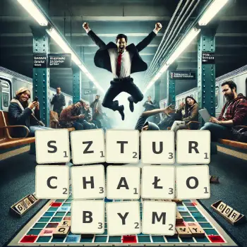 Kreatywna ilustracja do gry w Scrabble ze słowem SZTURCHAŁOBYM ułożonym z płytek na planszy.