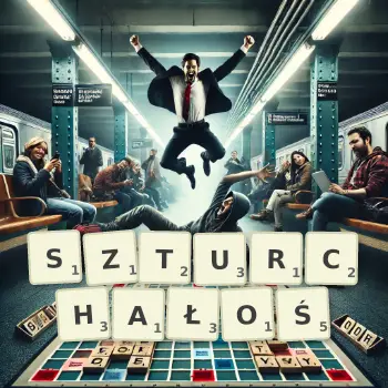 Kreatywna ilustracja do gry w Scrabble ze słowem SZTURCHAŁOŚ ułożonym z płytek na planszy.