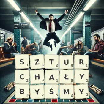 Kreatywna ilustracja do gry w Scrabble ze słowem SZTURCHAŁYBYŚMY ułożonym z płytek na planszy.