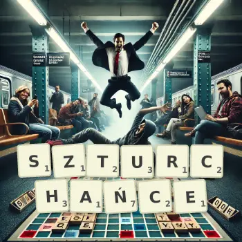 Kreatywna ilustracja do gry w Scrabble ze słowem SZTURCHAŃCE ułożonym z płytek na planszy.