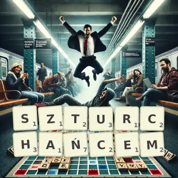 Kreatywna ilustracja do gry w Scrabble ze słowem SZTURCHAŃCEM ułożonym z płytek na planszy.