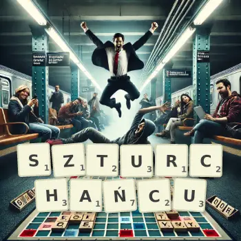 Kreatywna ilustracja do gry w Scrabble ze słowem SZTURCHAŃCU ułożonym z płytek na planszy.