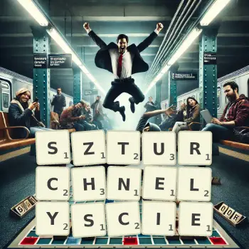 Kreatywna ilustracja do gry w Scrabble ze słowem SZTURCHNELYSCIE ułożonym z płytek na planszy.