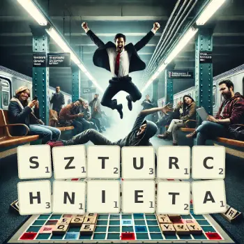 Kreatywna ilustracja do gry w Scrabble ze słowem SZTURCHNIETA ułożonym z płytek na planszy.