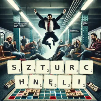 Kreatywna ilustracja do gry w Scrabble ze słowem SZTURCHNĘLI ułożonym z płytek na planszy.