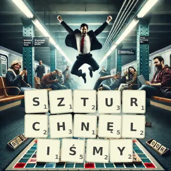 Kreatywna ilustracja do gry w Scrabble ze słowem SZTURCHNĘLIŚMY ułożonym z płytek na planszy.