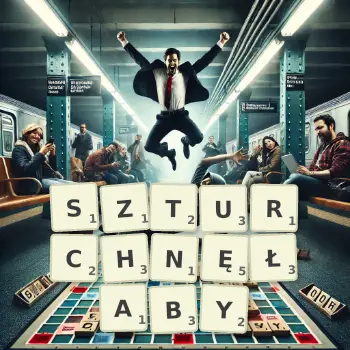 Kreatywna ilustracja do gry w Scrabble ze słowem SZTURCHNĘŁABY ułożonym z płytek na planszy.