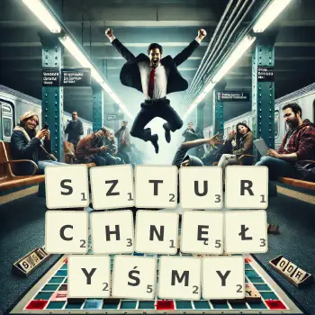 Kreatywna ilustracja do gry w Scrabble ze słowem SZTURCHNĘŁYŚMY ułożonym z płytek na planszy.