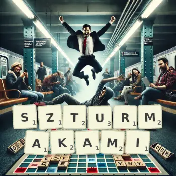 Kreatywna ilustracja do gry w Scrabble ze słowem SZTURMAKAMI ułożonym z płytek na planszy.
