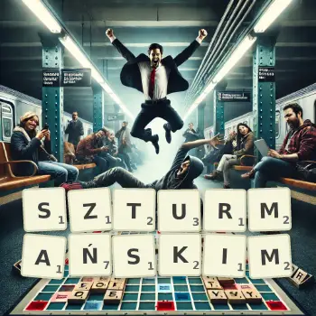 Kreatywna ilustracja do gry w Scrabble ze słowem SZTURMAŃSKIM ułożonym z płytek na planszy.