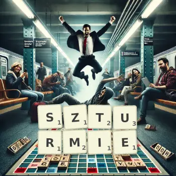 Kreatywna ilustracja do gry w Scrabble ze słowem SZTURMIE ułożonym z płytek na planszy.