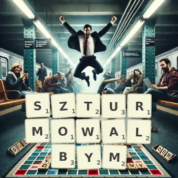 Kreatywna ilustracja do gry w Scrabble ze słowem SZTURMOWALBYM ułożonym z płytek na planszy.