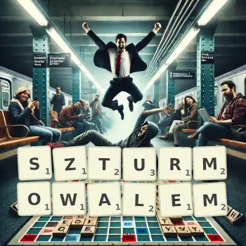 Kreatywna ilustracja do gry w Scrabble ze słowem SZTURMOWALEM ułożonym z płytek na planszy.