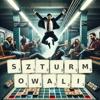 Kreatywna ilustracja do gry w Scrabble ze słowem SZTURMOWALI ułożonym z płytek na planszy.