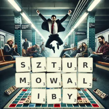 Kreatywna ilustracja do gry w Scrabble ze słowem SZTURMOWALIBY ułożonym z płytek na planszy.