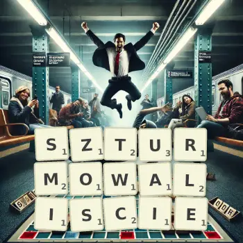 Kreatywna ilustracja do gry w Scrabble ze słowem SZTURMOWALISCIE ułożonym z płytek na planszy.