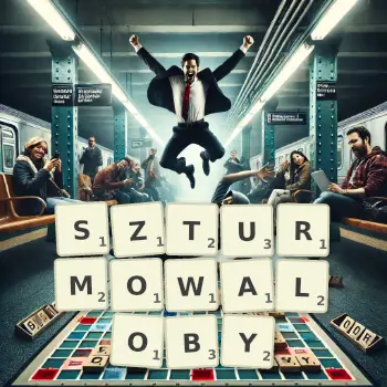 Kreatywna ilustracja do gry w Scrabble ze słowem SZTURMOWALOBY ułożonym z płytek na planszy.