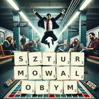 Kreatywna ilustracja do gry w Scrabble ze słowem SZTURMOWALOBYM ułożonym z płytek na planszy.