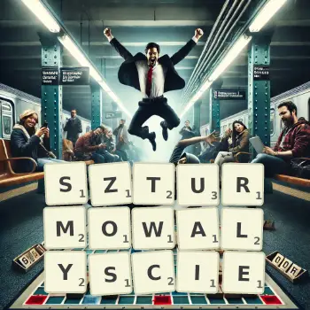 Kreatywna ilustracja do gry w Scrabble ze słowem SZTURMOWALYSCIE ułożonym z płytek na planszy.