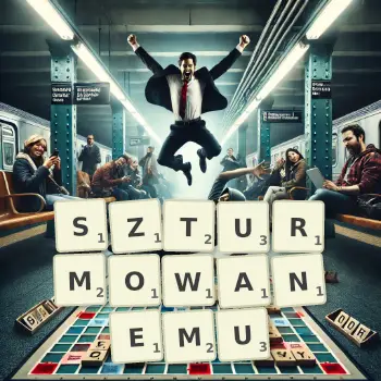 Kreatywna ilustracja do gry w Scrabble ze słowem SZTURMOWANEMU ułożonym z płytek na planszy.