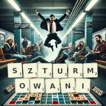 Kreatywna ilustracja do gry w Scrabble ze słowem SZTURMOWANI ułożonym z płytek na planszy.