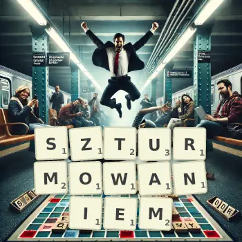 Kreatywna ilustracja do gry w Scrabble ze słowem SZTURMOWANIEM ułożonym z płytek na planszy.