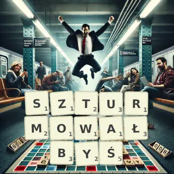 Kreatywna ilustracja do gry w Scrabble ze słowem SZTURMOWAŁBYŚ ułożonym z płytek na planszy.