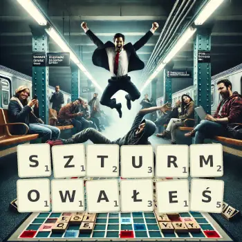 Kreatywna ilustracja do gry w Scrabble ze słowem SZTURMOWAŁEŚ ułożonym z płytek na planszy.