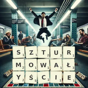 Kreatywna ilustracja do gry w Scrabble ze słowem SZTURMOWAŁYŚCIE ułożonym z płytek na planszy.