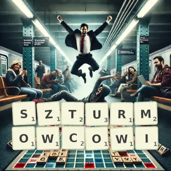 Kreatywna ilustracja do gry w Scrabble ze słowem SZTURMOWCOWI ułożonym z płytek na planszy.