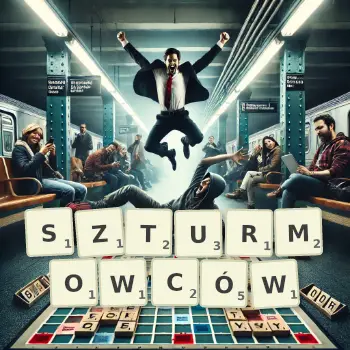 Kreatywna ilustracja do gry w Scrabble ze słowem SZTURMOWCÓW ułożonym z płytek na planszy.
