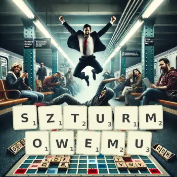 Kreatywna ilustracja do gry w Scrabble ze słowem SZTURMOWEMU ułożonym z płytek na planszy.