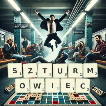 Kreatywna ilustracja do gry w Scrabble ze słowem SZTURMOWIEC ułożonym z płytek na planszy.