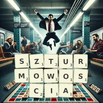 Kreatywna ilustracja do gry w Scrabble ze słowem SZTURMOWOSCIA ułożonym z płytek na planszy.