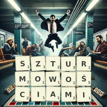 Kreatywna ilustracja do gry w Scrabble ze słowem SZTURMOWOŚCIAMI ułożonym z płytek na planszy.