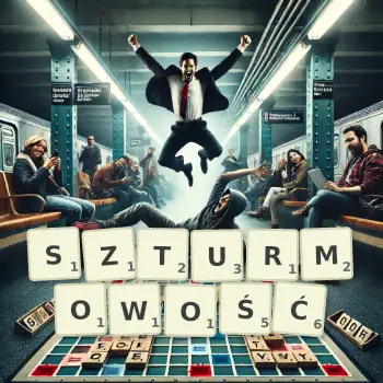 Kreatywna ilustracja do gry w Scrabble ze słowem SZTURMOWOŚĆ ułożonym z płytek na planszy.