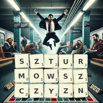 Kreatywna ilustracja do gry w Scrabble ze słowem SZTURMOWSZCZYZN ułożonym z płytek na planszy.