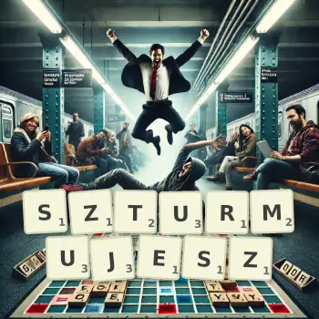 Kreatywna ilustracja do gry w Scrabble ze słowem SZTURMUJESZ ułożonym z płytek na planszy.