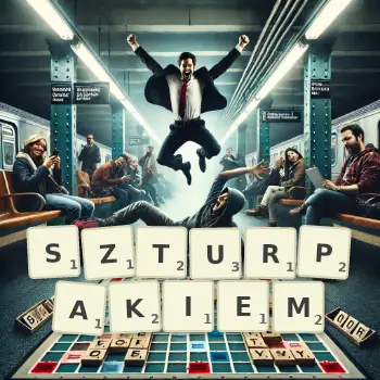 Kreatywna ilustracja do gry w Scrabble ze słowem SZTURPAKIEM ułożonym z płytek na planszy.