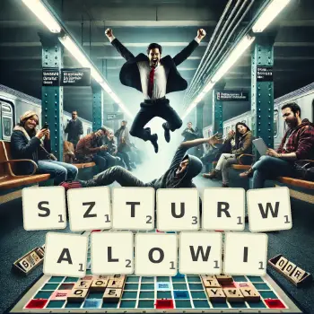 Kreatywna ilustracja do gry w Scrabble ze słowem SZTURWALOWI ułożonym z płytek na planszy.