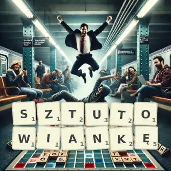 Kreatywna ilustracja do gry w Scrabble ze słowem SZTUTOWIANKĘ ułożonym z płytek na planszy.