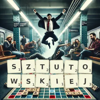 Kreatywna ilustracja do gry w Scrabble ze słowem SZTUTOWSKIEJ ułożonym z płytek na planszy.