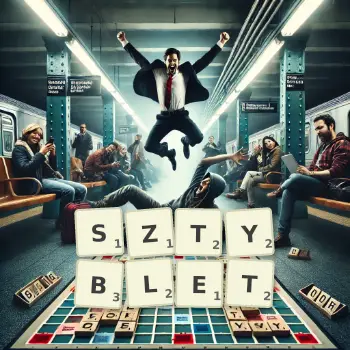 Kreatywna ilustracja do gry w Scrabble ze słowem SZTYBLET ułożonym z płytek na planszy.