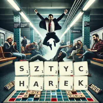 Kreatywna ilustracja do gry w Scrabble ze słowem SZTYCHAREK ułożonym z płytek na planszy.