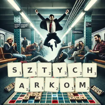 Kreatywna ilustracja do gry w Scrabble ze słowem SZTYCHARKOM ułożonym z płytek na planszy.