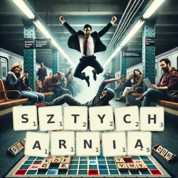 Kreatywna ilustracja do gry w Scrabble ze słowem SZTYCHARNIĄ ułożonym z płytek na planszy.