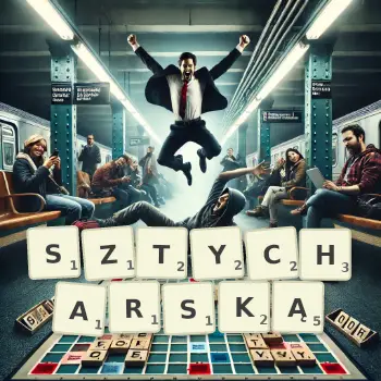 Kreatywna ilustracja do gry w Scrabble ze słowem SZTYCHARSKĄ ułożonym z płytek na planszy.